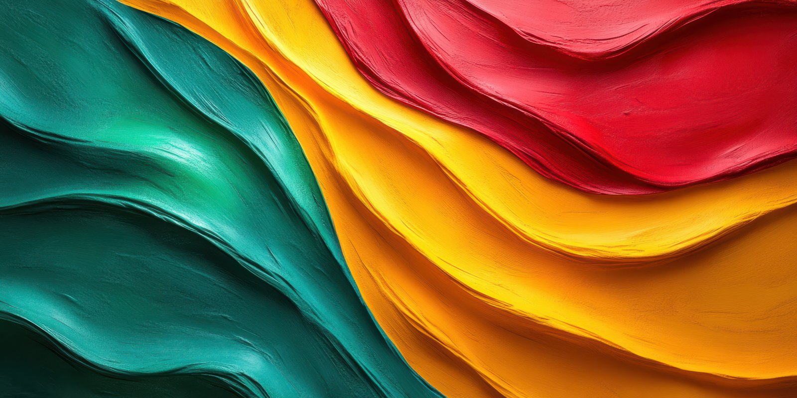 Vibrant layers of colorful paint create an abstract composition in bold green, red, yellow, and orange waves in a textured display